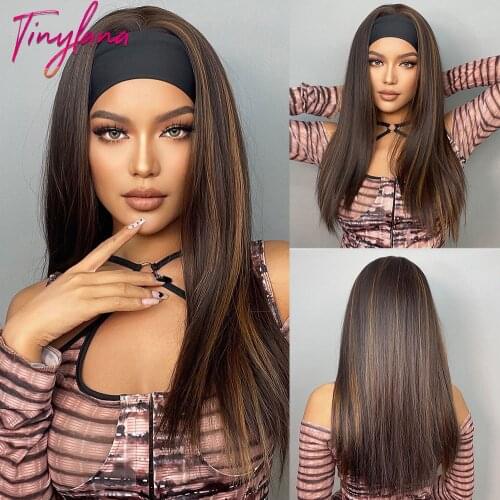 TINY LANA Brown Blonde Highlight Synthetic Wig with Headband Long Silky Straight Headband Wigs for Black Women Heat Resistant