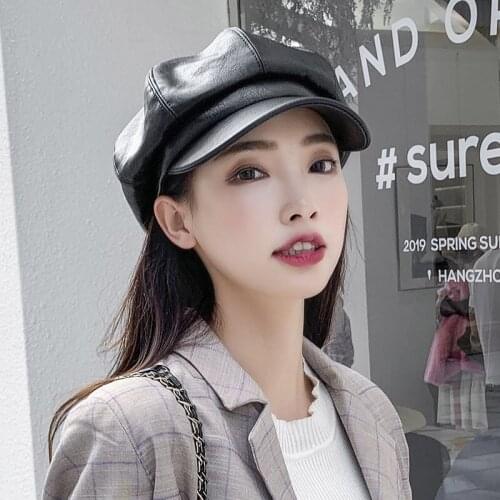 PU Leather Fashion Beret Vintage England Women Octagonal Cap Autumn Winter Casual Female Artist Painter Beret Hat Newsboy Caps