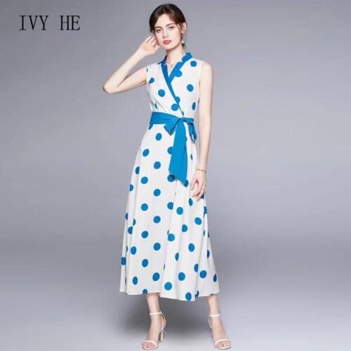 IVY HE Summer Womens Dress 2021 European And American New Elegant V-Neck Sleeveless Chiffon Lace Up Polka Dot Print Dress