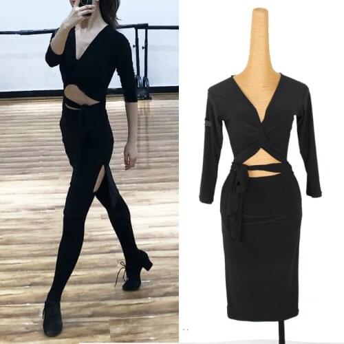 New Latin Dance Dress Practice Clothes Women Bandage Black Dresses Adult Samba Rumba Salsa Modern Dance Wear Sexy Dress DNV14475