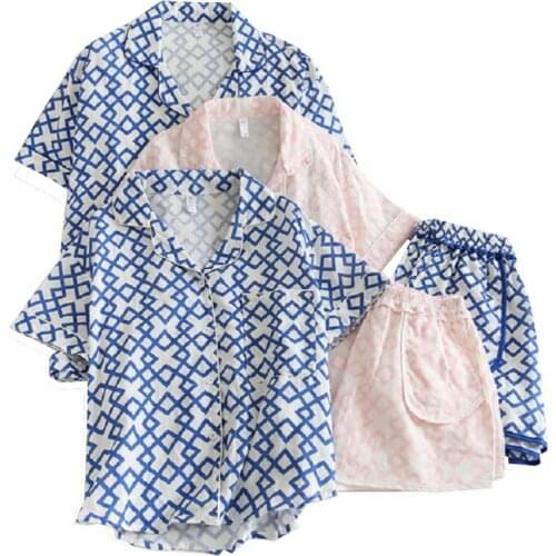 2021 Summer Men Women Lovers 2Pcs Pajamas Set Comfort Full Cotton Short Sleeve+shorts 2Pcs Household Turn-down Collar Sleepwear