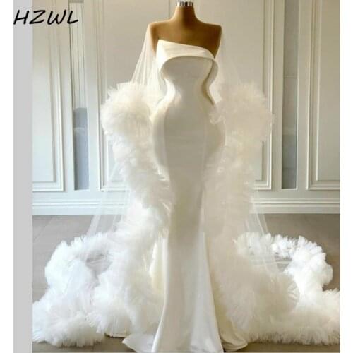 Modest Satin Mermaid Wedding Dresses with Wrap Ruffles Tulle Strapless Customize vestido de novia Fashion Bohemia Birdal Gowns