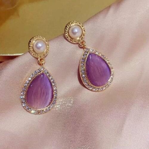 Light Yellow Gold Color Water Drop Purple Cat Eye Stone Stud Earrings for Women with Pearls Jewelry