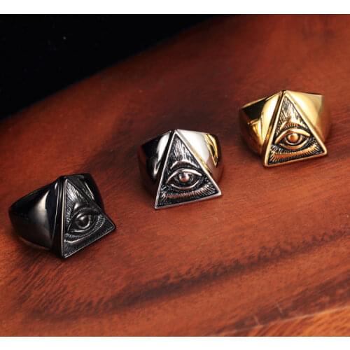 Vintage All Seeing Eye Pyramid Illuminati Biker Ring Men Black/Gold/Silver Color Stainless Steel Punk Rings Male Masonic Jewelry