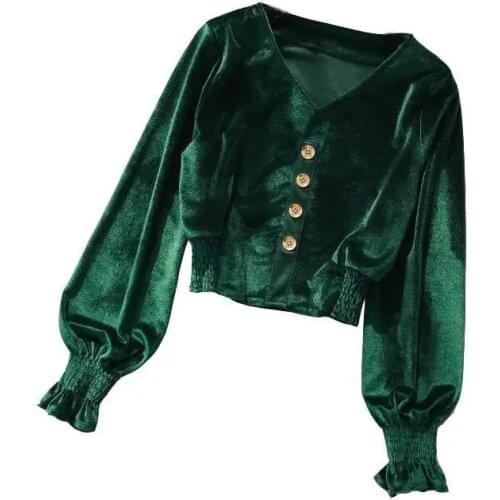 2021 New Women Fashion Pleated Short Velvet Smock Blouse Office Ladies Breasted Casual Slim Shirt Chic Crop Blusas Tops