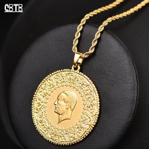 Women Three Sizes Muslim Islam Turkey Ataturk Pendant Arabian Necklace Personality Fashion Golden Coin Jewelry Gift Wholesale