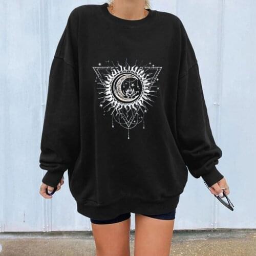Women Tops Spring Vintage Loose Long Sleeve Gothic Sweatshirt Sun And Moon Print Pullover Blouse Streetwear Футболка #GH