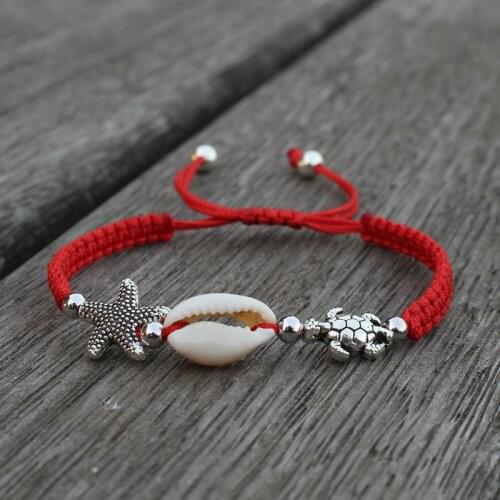 Bohemia Beach Style Starfish Shell Sea Turtle Charm Women Bracelet Lucky Red String Braided Adjustable Bracelets for Women Gift