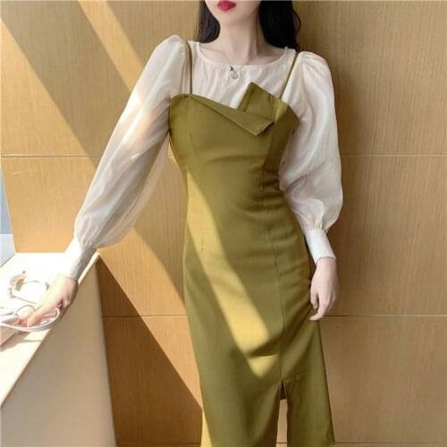 Korean Two Piece Dress 2020 Autumn Sleeveless Long Sundress with blouse Women Streetwear Spaghetti Strap Split Dresses vestidos