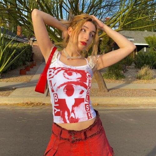 Sexy Bow Crop Top 2021 Panelled Sleeveless Patchwork Letter Tank Top Woman Summer Eye Print Backless Casual Camis Top Aesthetic