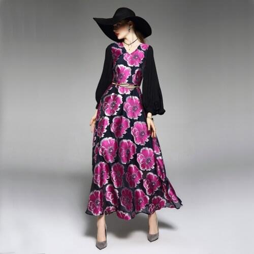 2021 Jacquard Runway Long Dress Patchwork Women Evening Full Length Gorgeous Floral Long Dress V Neck
