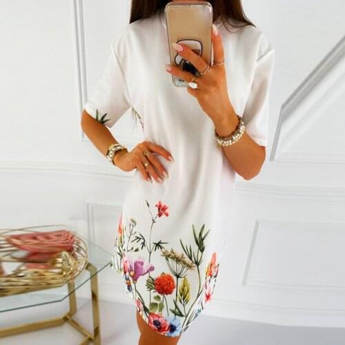 Womens Fashion Casual Loose Positioning Print Short Sleeve Dress White