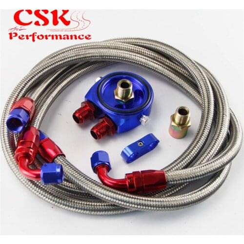 AN8 1.4m 1.6m Nylon Braided or SS Braided Oil Line+ AN8 Oil Filter Sandwich Adapter w/ Hose Fittings Black / Blue