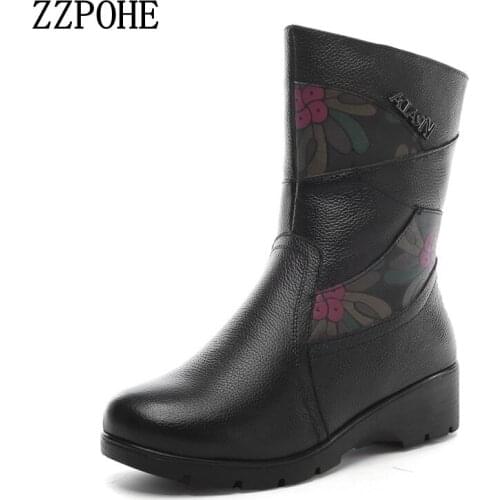 ZZPOHE Autumn Winter New Fashion Lady Mid-Calf Boots Soft Genuine Leather wedge Shoes Woman Party mid-Heels Boots Women Boots