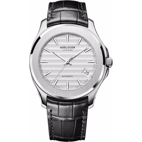 Agelocer Mens Dress Watches Stainless Steel Analog Automatic Watches Date Calfskin Strap Luminous Watches Waterproof 6301A1