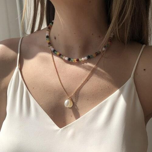 2021 ethnic style elegant clavicle chain fashion imitation pearl disc hit color necklace simple atmosphere necklace female