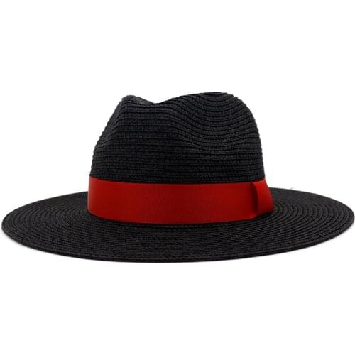 HanXi Colorful Ribbon Jazz Straw Hats Women Men Sun Hat Black Hat for Travel Sunscreen Will Eaves Beach Hat