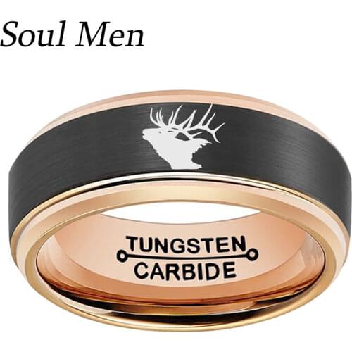 8mm New Two-Tone Black & Rose Gold Color Male Female Christmas Gift Anniversary Band Tungsten Ring with Deer Antlers Lasered