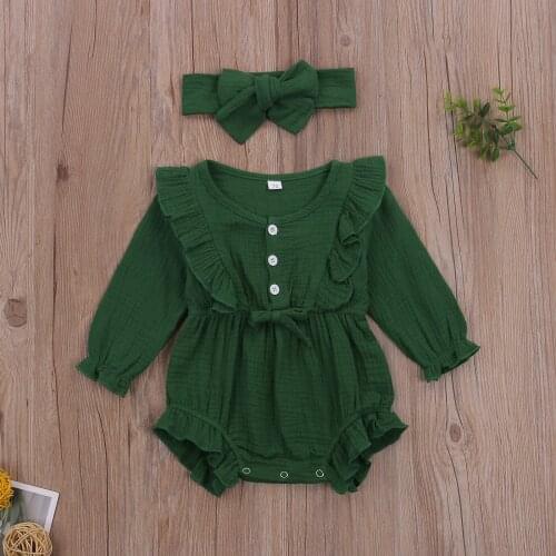 Pudcoco Newborn Baby Girl Clothes Solid Color Long Sleeve O-neck Button-up Ruffle Romper Bowknot Headband 2Pcs Outfits Kniited