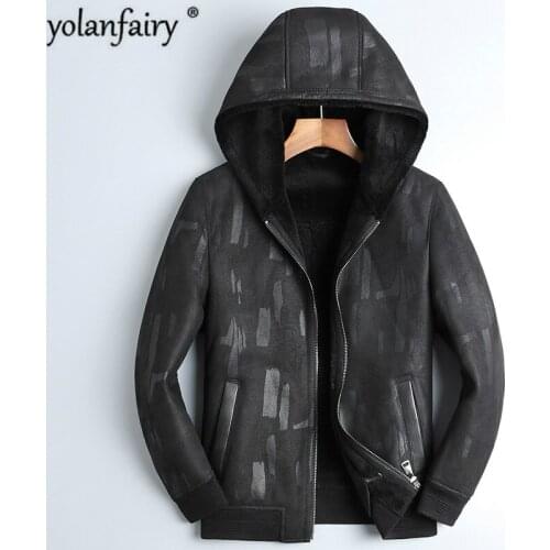 Real Genuine Leather Jacket Men Hooded Winter Sheepskin Coat Short Wool Lining Mens Leather Jackets Blouson Cuir Homme 4714