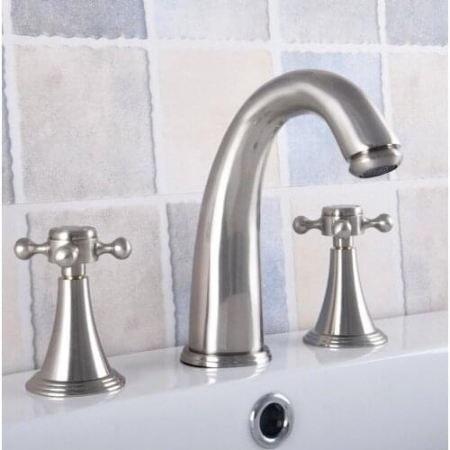Brushed Nickel Bathroom Faucet Double Handle Bathroom Basin Faucet 3 Hole Deck Mount Vanity Sink Mixer Tap