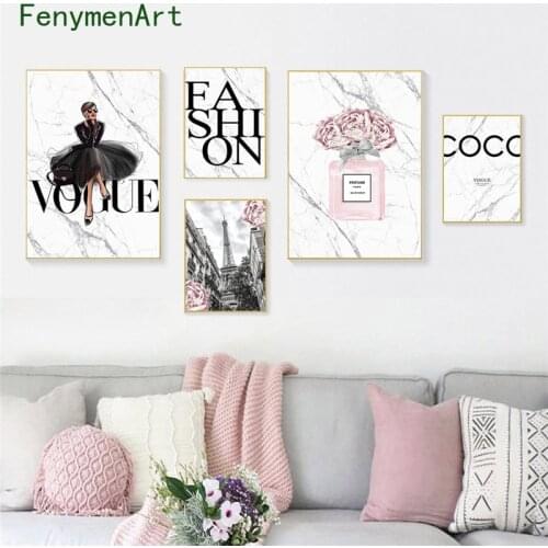 Fashion Coco Posters Prints Vogue Flower Perfume Bottle Canvas Paintings White Marble Quotes Wall Pictures for Living Room Decor