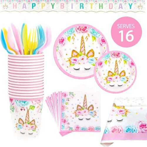 Unicorn Party Supplies Set & Tableware Kit, Birthday Decorations Bunting, Disposable Paper Plates, Cups, Napkins,-Serves 16