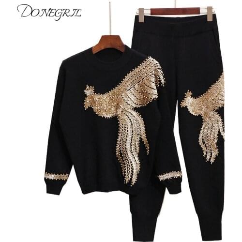 2020 Autumn Fashion Long Sleeve Round Collar Sequined Beaded Phoenix Top Elastic Waist Pants Two Piece Set Women