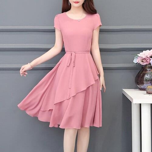 Chiffon Summer Fashion Short Sleeve O-neck A-line Lacing High Waist Slim Simple Pink Wine Red Green Navy Blue Coctail Dress 8738