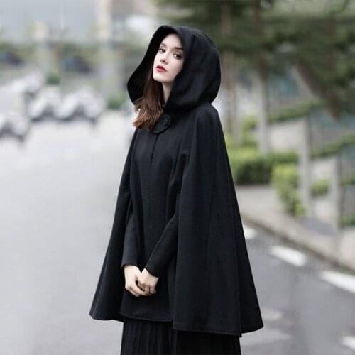 Hooded Outerwear Women Gothic Black Oversize Solid Color Capes Ponchos Winter Clothes Y2K Coat