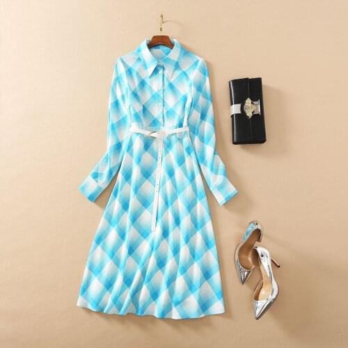 European and American womens clothing 2021 The new spring Long sleeve lapel blue plaid Fashion belt dress