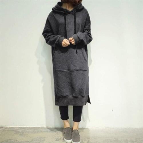 Women Loose Long Hoodie Casual Solid Color Hooded Sweatshirts Students Autumn Winter Baggy Pullover Oversized Sweatshirt Dress