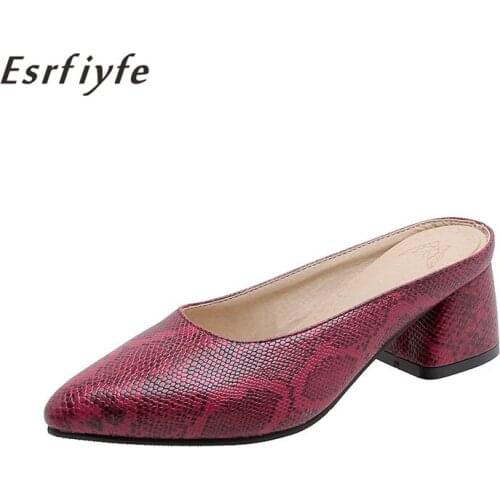 ESRFIYFE Pointed Toe Women Mules Slipper Ladies Casual Snakeskin Grain Square High Heels Female Outsides Slip on Shallow Shoes