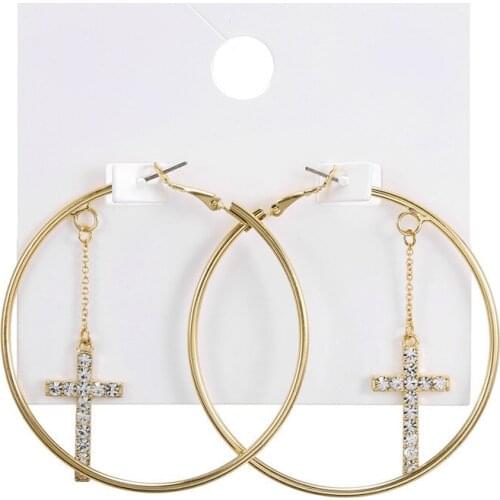 Korean Design Minimalist Gold Color Big Hoop Earrings With Crystal Cross Pendant Womens Vintage Cross Charm Hoops Earring