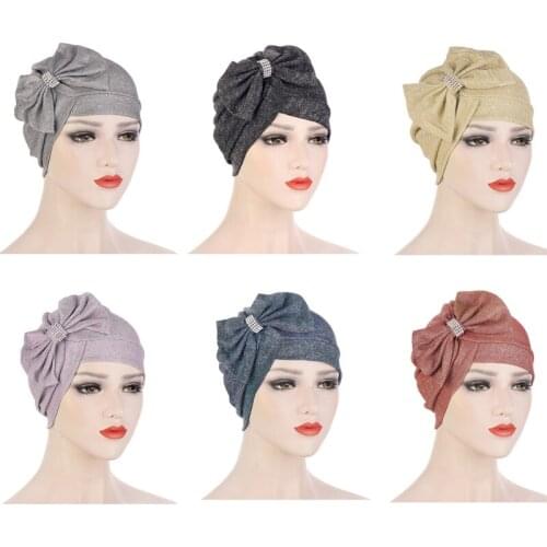 2021 Women Muslim Hijab Turban Hat Cross Front Forehead Rhinestone Big Bow Bonnet Head Scarf Islamic Ruched Headwrap Cap