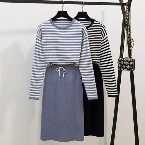 Autumn Sweater Sets womens two pieces set leisure outfits cotton oversized striped Sweaterwear high waist skirts clothing