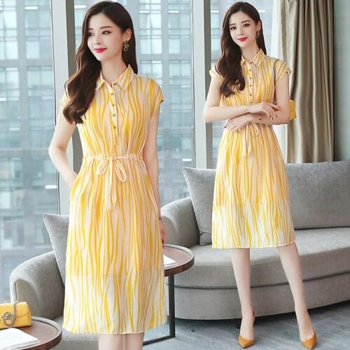 Mujer Summer Dresses New Plus Size Temperament Waist Tie Shirt Dress Mid-length Striped Short Sleeve Chiffon Vestido Female A896