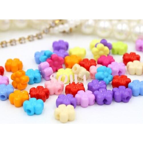 Free shipping 500pcs 9mm mixed colors plum flower Acrylic Cube Beads Double Opening for DIY Loom Rubber Bands Charm Bracelets