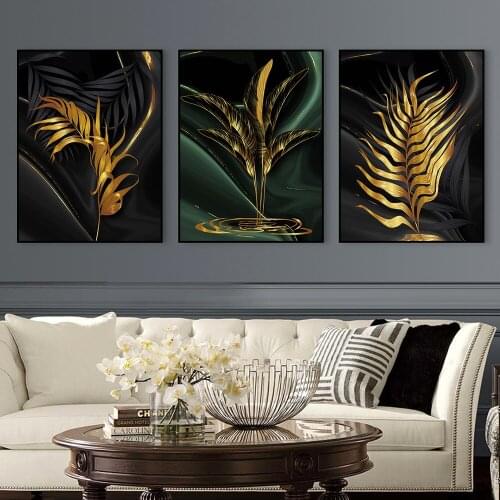 Green and Gold Plant Leaf Abstract Poster Nordic Canvas Print Wall Art Painting Modern Scandinavian Pictures Living Room Decor