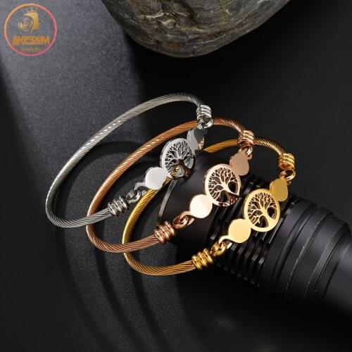 Akizoom Punk Fashion Vintage Hollow Tree of Life Bangle Stainless Steel Cuff Bracelets for Women Jewelry Gifts Dropshipping