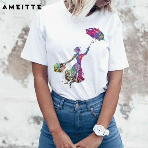AMEITTE Summer Tops Watercolor Mary Poppins Portrait T Shirts Womens Fashion All-match Female White Tee Shirt