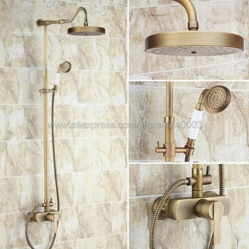 Antique Brass Bathroom Rainfall Shower Faucet Set Single Handle Mixer Tap With Hand Sprayer Wall Mounted Bath Shower Sets Krs208