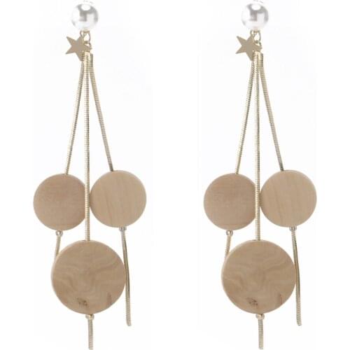 ELEGANCE11 Design 3 Round Wooden Blocks Pendant Earrings for Women Metal Long Dangle Earrings Christmas Trendy Earrings