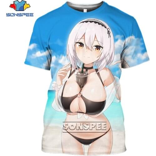 SONSPEE 3D Anime Azur Lane Anime T-shirt Summer Round Neck Otaku Fleet Ocean War Loli Loose Oversized Casual Fashion Mens Cloth