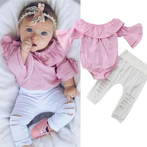 Newborn Baby Girl Clothes Set Plaid Ruffles Romper Flare Sleeve Tops+Hole Pants Outfit 2Pcs