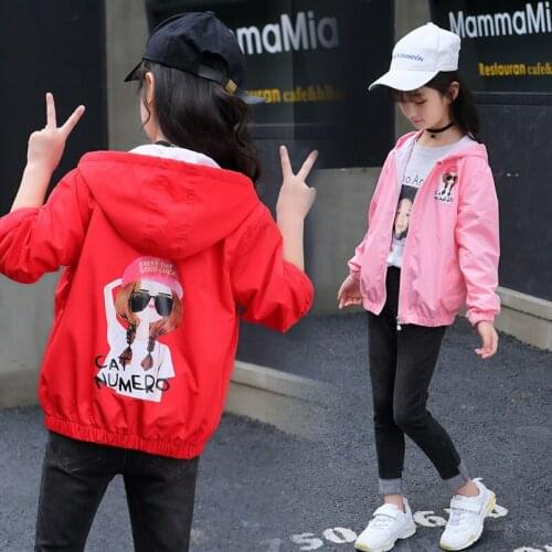 Girls coat spring and autumn casual Korean girl jacket spring and autumn cardigan zipper hooded windbreaker Print beauty