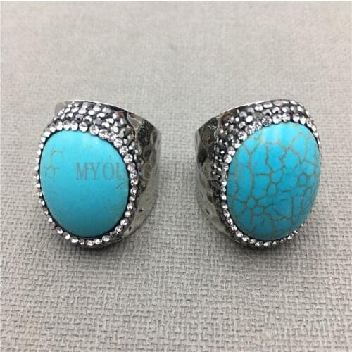 MY0302 Blue Howlite Stone Rings,Rhinestone Pave Rings,Silver Color Wide Rings for women