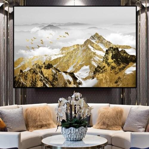 Modern Landscape Posters and Prints Wall Art Canvas Painting Golden Mountain and Birds Pictures for Living Room Decor No Frame