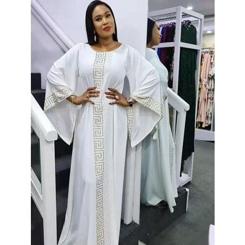 Solid Winter African Dresses For Women 2021 Muslim Maxi Dress Floor-Length Ethnic Style Diamonds Long Sleeve Femme Robe Abaya