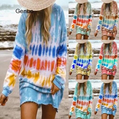 Autumn Sweater Dress Tie-dye Printed Gradient Long Sleeve O Neck Beach Dresses Boho Clothes For Women 2020 New